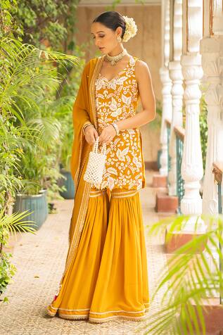 Designer Gold Beige Embroidery Work Pakistani Sharara Suit
